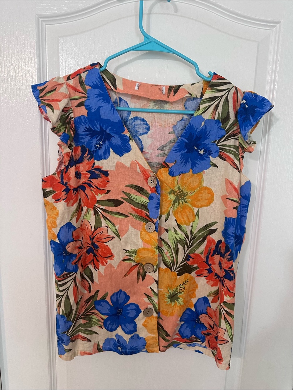 Nine West Floral Button-Front Top in Blue, Orange, Green